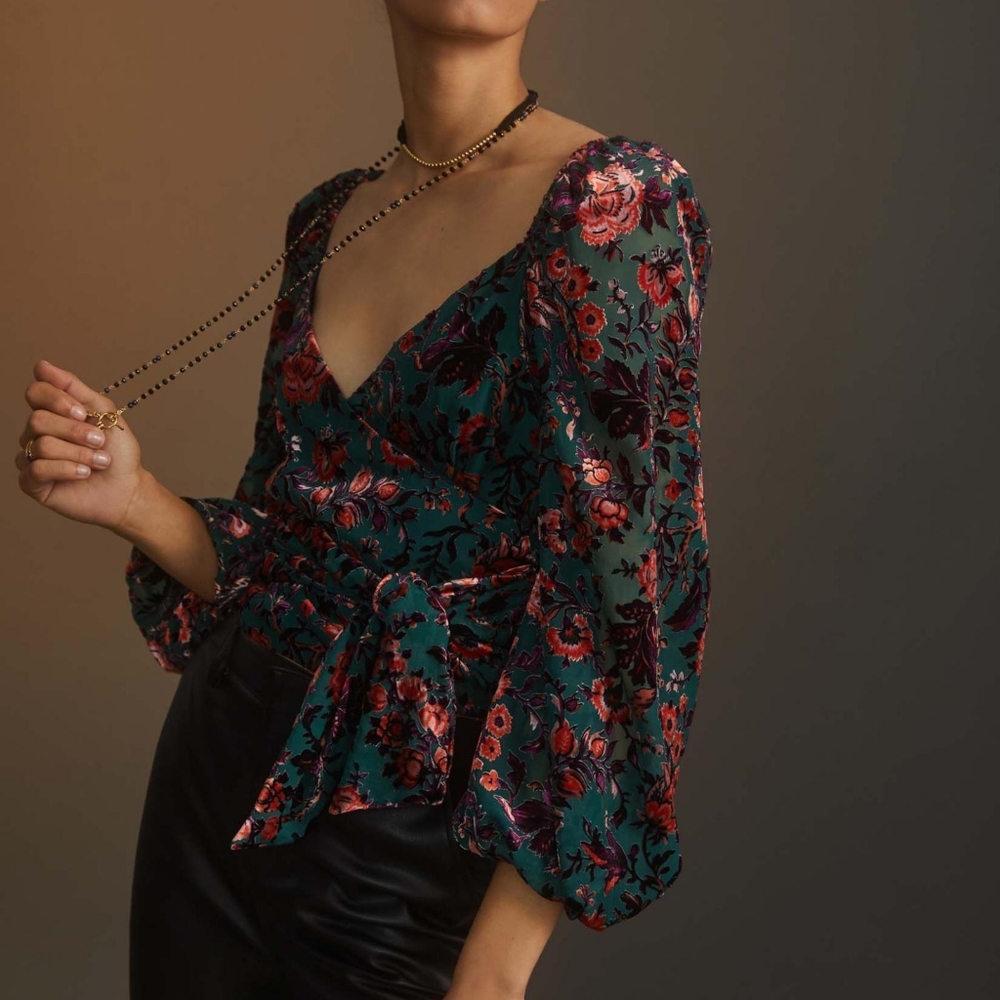 Anthropologie Surplice Tie-Front Blouse in green, size XS, perfect condition